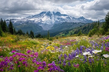Naklejka premium Lush meadow with wildflowers, snow-capped mountain backdrop