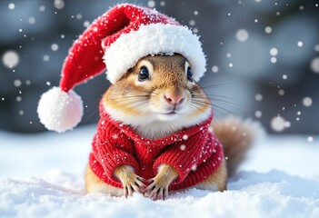 Chipmunk in snow with winter clothes like Santa Claus. Christmas style hat and sweater. Funny animals in winter