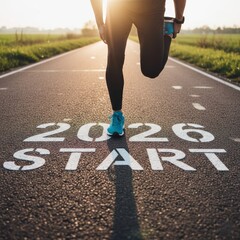 Runner's Feet on Road with 2026 Start Text Marking New Year Goals and Fresh Beginning Journey