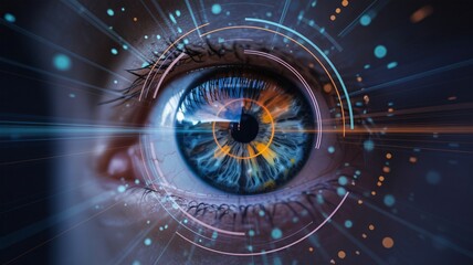 Futuristic eye scanning digital data streams in high-tech concept