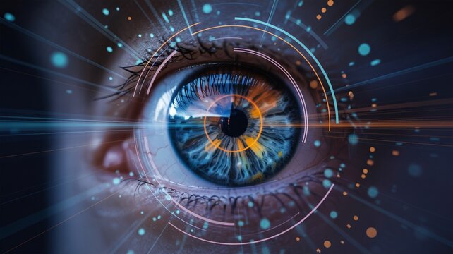 Futuristic eye scanning digital data streams in high-tech concept