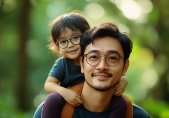 Obraz premium A happy father and his adorable daughter share a tender moment outdoors, the girl playfully perched on his shoulders