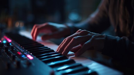 Close-up of hands playing a keyboard instrument. The scene is dimly lit, highlighting the keys and fingers in action. Focus on music creation and performance.