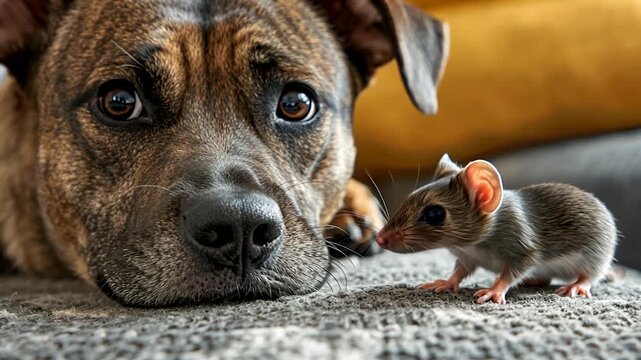 A dog and a mouse are friends on the couch.