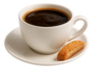 Collagen-rich Americano in a classic white coffee cup with a saucer and a small biscotti on the side