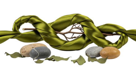 Tranquil Zen Spa Still Life with Green Ribbon Wrapped Wooden Branch and Natural Stones isolated PNG with Transparent Background