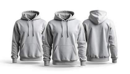 Three blank gray hoodie sweatshirt mockups front and back view.