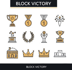 Create Block Victory, achievement line icon set. Vector pictograms of trophy, first place medal, celebration, laurel wreath, crown, and winner podium thin linear illustration,