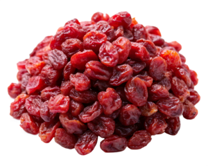 Pile of red fruit, possibly raisins, is spread out isolated on white background
PNG. AI Generated.