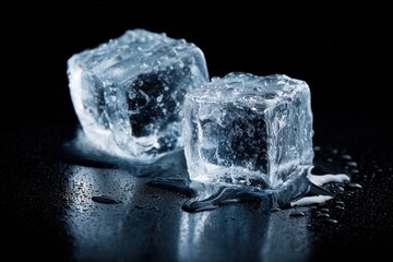 Obraz premium Two semi-blue ice cubes are placed on a dark background, gradually melting and forming small puddles of water, capturing a cool and refreshing atmosphere