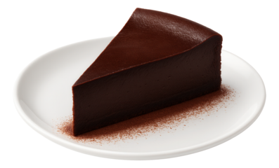 A slice of flourless chocolate torte with a cocoa powder border on a white plate
