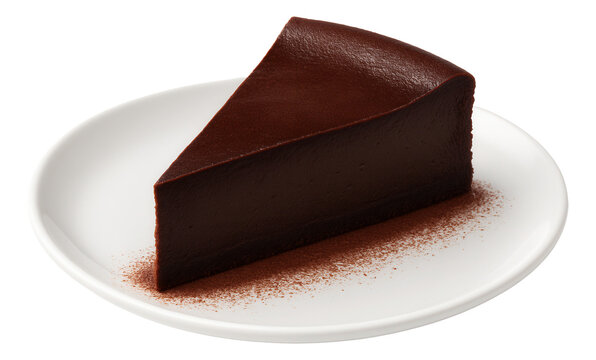 A slice of flourless chocolate torte with a cocoa powder border on a white plate