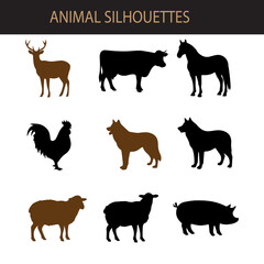Fototapeta premium Farm and wild animal silhouette vector icon set