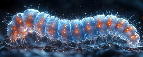 A detailed glowing translucent larval organism with internal orange light and external fuzzy filaments against a dark background
