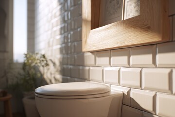 Fototapeta premium A wooden frame rests over a toilet in a stylish bathroom. Sunlight pours in, illuminating the glossy tiles and creating a serene atmosphere. The scene reflects modern design elements