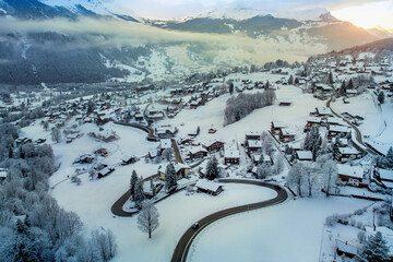 Aerial view of Grindelwald in winter, Switzerland.