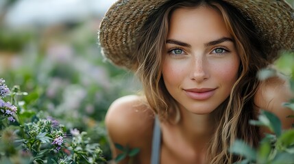 Young woman with natural makeup and straw hat smiling in blooming garden surrounded by purple wildflowers on sunny summer day, close up portrait with soft bokeh background.