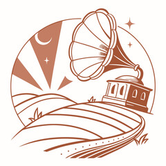 Vintage gramophone on rolling hills under a crescent moon and stars with sun rays