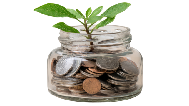 A glass jar filled with coins and a green plant sprouting from the top, symbolizing growth and investment. Ideal for financial and business-related themes.
