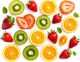 Naklejka premium A colorful medley of fresh and juicy fruits: kiwi, strawberries, and oranges