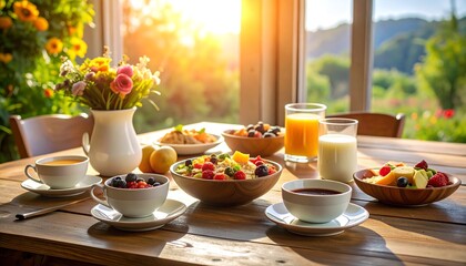 Sunny breakfast spread on a wooden table