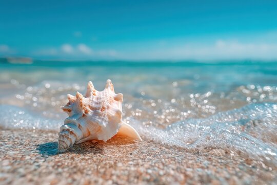 A small white conch shell lies on soft sand at the beach. The clear blue sky provides a beautiful backdrop as gentle waves wash ashore, creating a serene scene