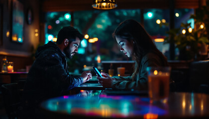 Young Couple Using Smartphones in a Dimly Lit Cafe