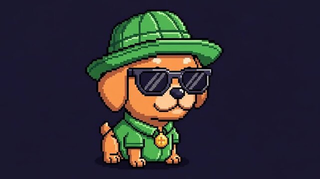 Pixel art dog spritesheet with green hat and sunglasses for 2D game avatars.
