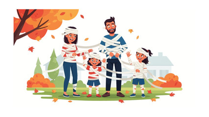 Spirited Family Fun: A lighthearted illustration captures a family entwined in playful moments, their joy radiating in a cheerful autumn setting, epitomizing the bond of a close-knit unit.