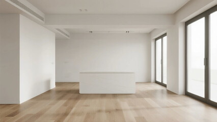 Obraz premium Modern empty room with wooden floor and large windows