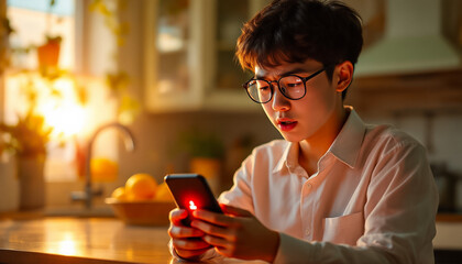 Young Man in Glasses Using Smartphone in Warmly Lit Kitchen