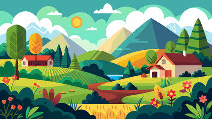 Scenic countryside landscape with houses, rolling hills, and a tranquil river