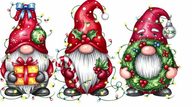 Christmas gnome red hat white beard holiday gift candy cane holly wreath festive winter scene with three gnomes holding decorations joyful whimsical illustration surrounded by holiday lights