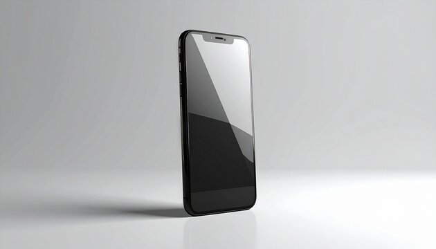 Modern smartphone with black screen and thin bezels standing upright on light gray surface — minimalist tech, digital clarity, symbolic connection.