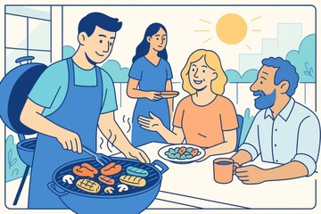 Group of friends enjoying outdoor barbecue on sunny day with grilled food and drinks in cheerful lifestyle scene with light background colors. Ai generative