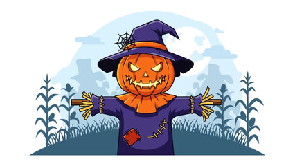 Spooky Scarecrow: An illustration of a menacing scarecrow with a pumpkin head, a cobweb, and an ominous sky, standing amid corn stalks. The artwork exudes the essence of Halloween.
