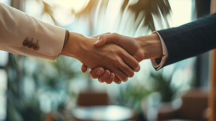 Handshake of happy young business woman and business man at office meeting. Female hr bank manager, financial advisor handshaking recruit, greeting client. Hiring at job interview, partnership concept