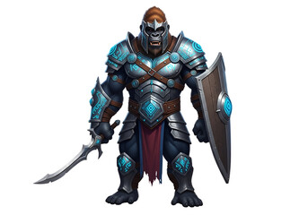 Obraz premium A powerfully built ape warrior, clad in intricate, stylized armor, stands ready with sword and shield, a figure of defense and strength.