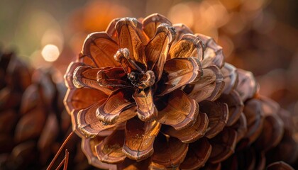 Close Up of a Brown Pinecone with Scales and Seed Pods on the Forest Floor under Sunlight