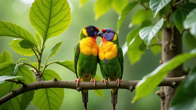Vibrant rainbow lorikeets perched closely on a tree branch, showcasing their stunning colorful plumage amidst lush green foliage