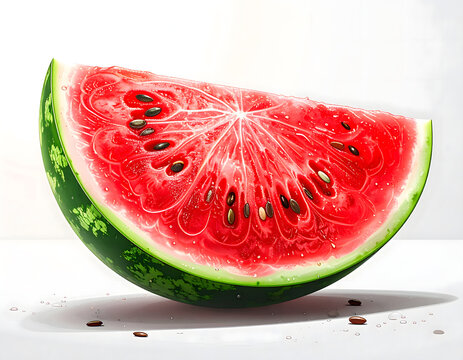 A juicy, red slice of watermelon, refreshing and vibrant. The details of the seeds and texture create an appealing image