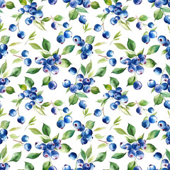 Watercolor seamless pattern with blueberries and green leaves