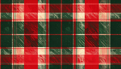 Red and green tartan plaid fabric pattern with textured festive