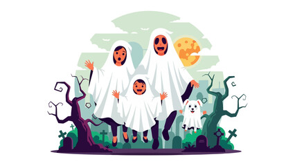 Spooky Family: A spirited family dressed in ghostly attire joyfully celebrates Halloween with a playful spirit, showcasing the fun of the festive season.
