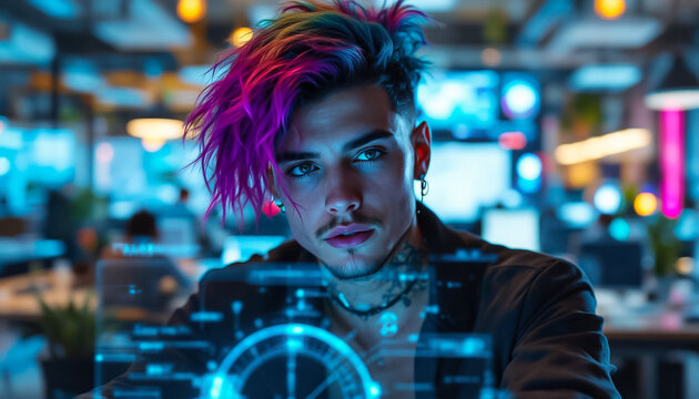 Young Man with Colorful Hair Using Futuristic Interface