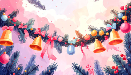 Firefly watercolor garland with bells and pastel bows
