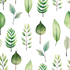 Watercolor seamless pattern with green leaves on white background