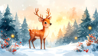 Cute pastel reindeer watercolor clip art in snowy forest with stars