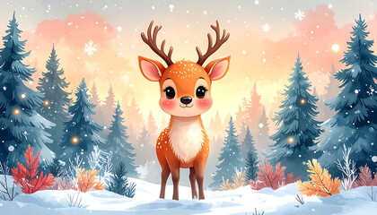 Cute pastel reindeer with rosy cheeks in snowy forest at sunrise
