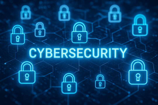 Digital illustration of cybersecurity with glowing blue locks and the word 'CYBERSECURITY' in the center, representing data protection and network security.